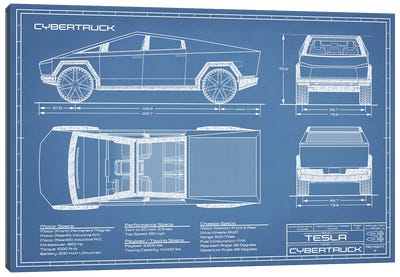 Tesla Cybertruck (2020-2022) Blueprint Canvas Art Print - Cars By Brand