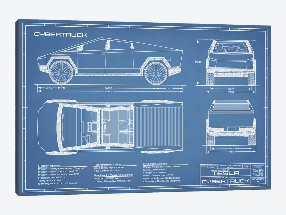 Tesla Cybertruck (2020-2022) Blueprint by Action Blueprints 1-piece Canvas Art Print
