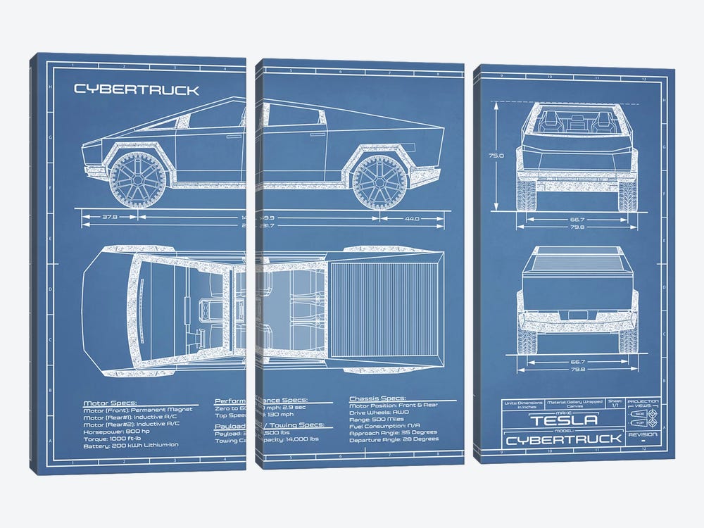 Tesla Cybertruck (2020-2022) Blueprint by Action Blueprints 3-piece Canvas Art Print