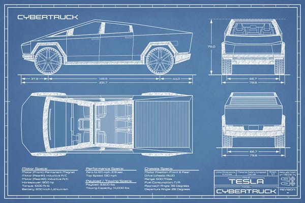 Automobile Blueprints: Tesla Cybertruck (2020-2022) Blueprint by Action Blueprints