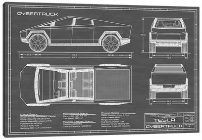 Tesla Cybertruck (2020-2022) Black Canvas Art Print - Blueprints & Patent Sketches