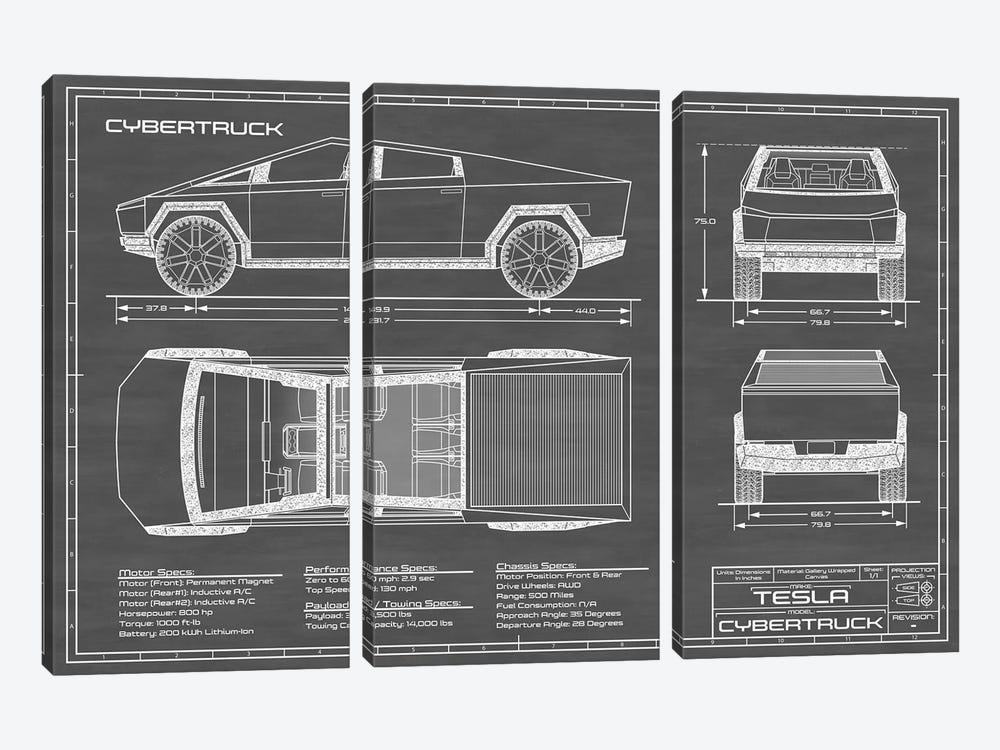 Tesla Cybertruck (2020-2022) Black by Action Blueprints 3-piece Canvas Wall Art