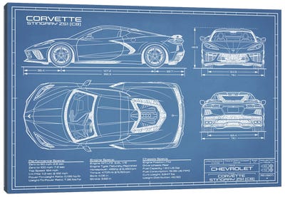 Corvette (C8) Stingray Blueprint Canvas Art Print - Best Selling Digital Art