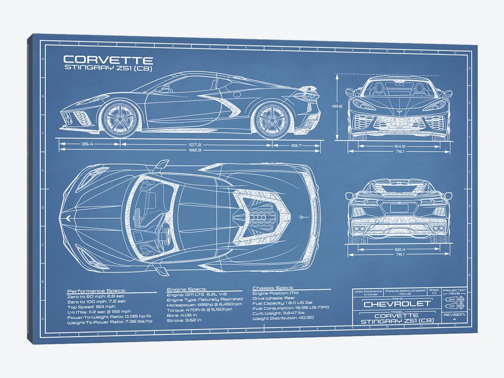 Corvette (C8) Stingray Blueprint by Action Blueprints 1-piece Canvas Art Print