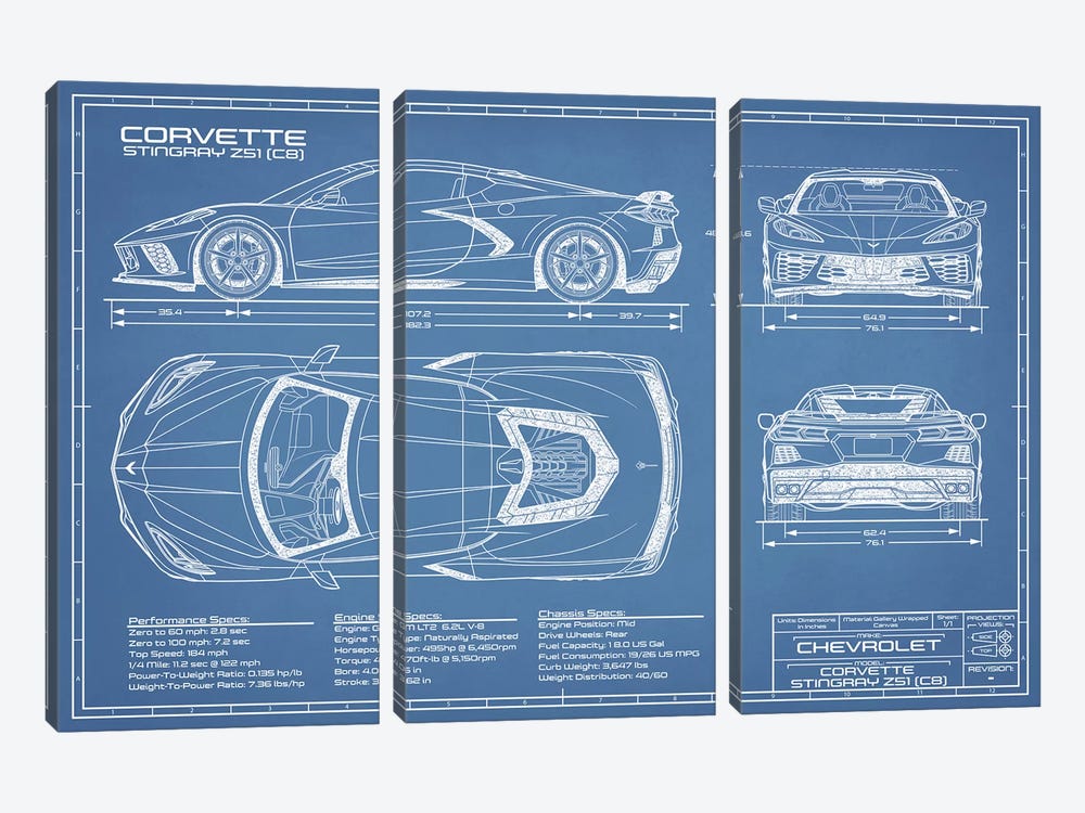 Corvette (C8) Stingray Blueprint by Action Blueprints 3-piece Art Print