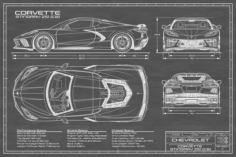 Corvette (C8) Stingray Black Canvas Art Print Action Blueprints iCanvas
