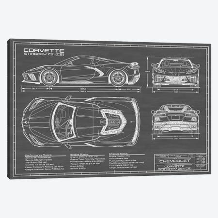 Corvette (C8) Stingray Black Canvas Print #ABP76} by Action Blueprints Canvas Wall Art