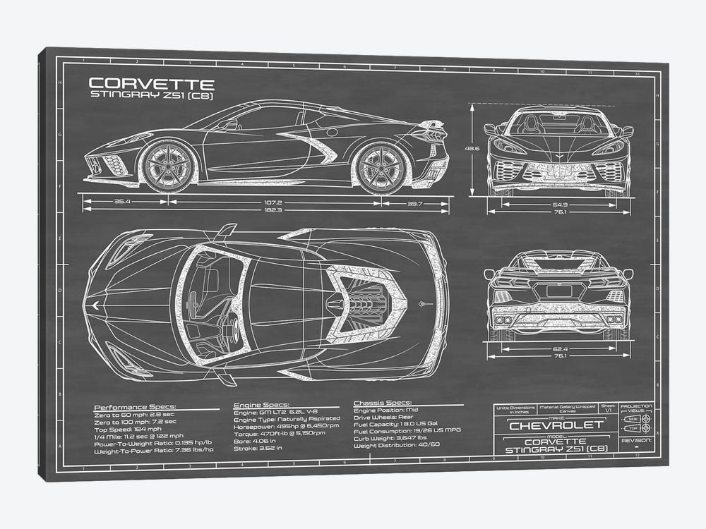 Corvette (C8) Stingray Black by Action Blueprints 1-piece Canvas Wall Art