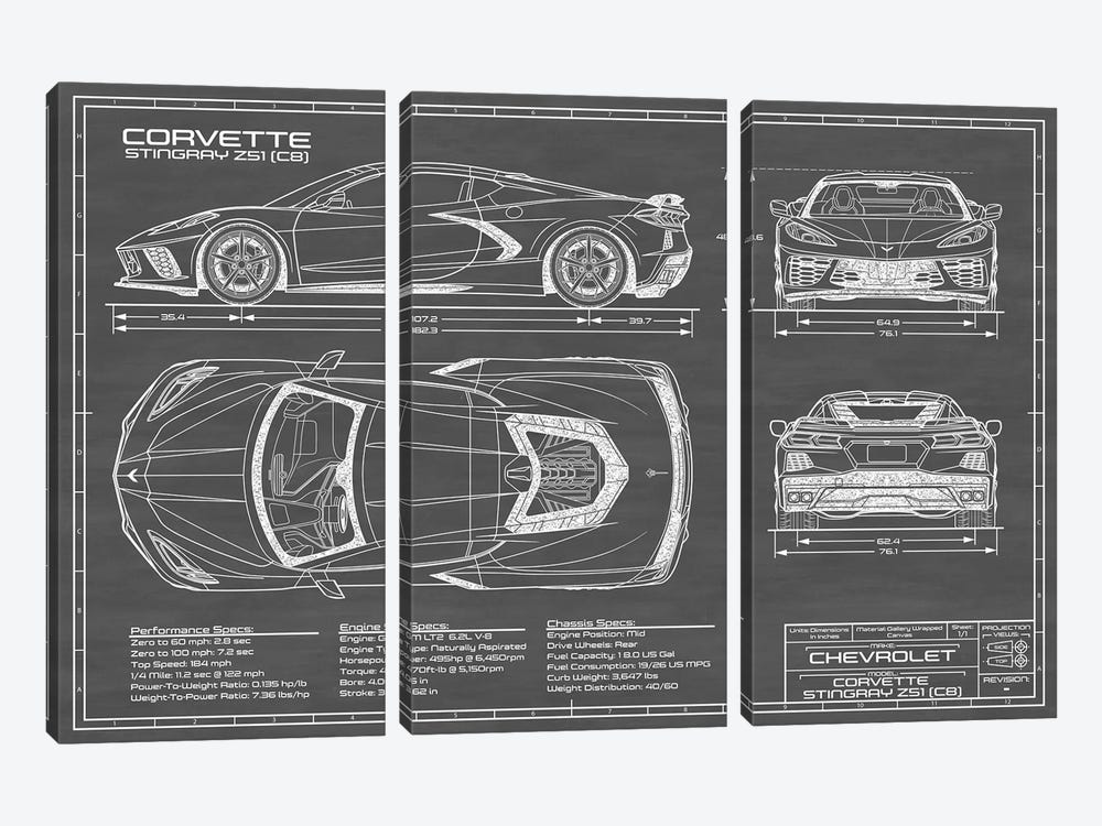 Corvette (C8) Stingray Black by Action Blueprints 3-piece Canvas Artwork
