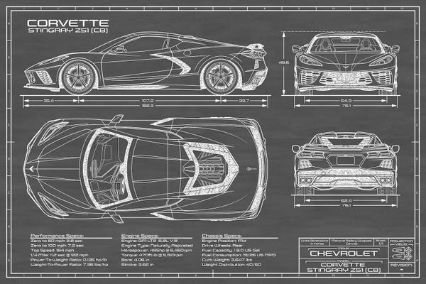 Blueprints & Patent Sketches: Corvette (C8) Stingray Black by Action Blueprints