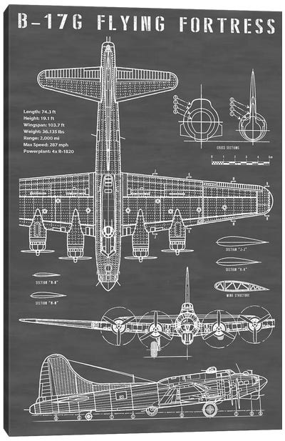 B-17 Vintage Bomber Airplane | Black Canvas Art Print - Man Cave Decor