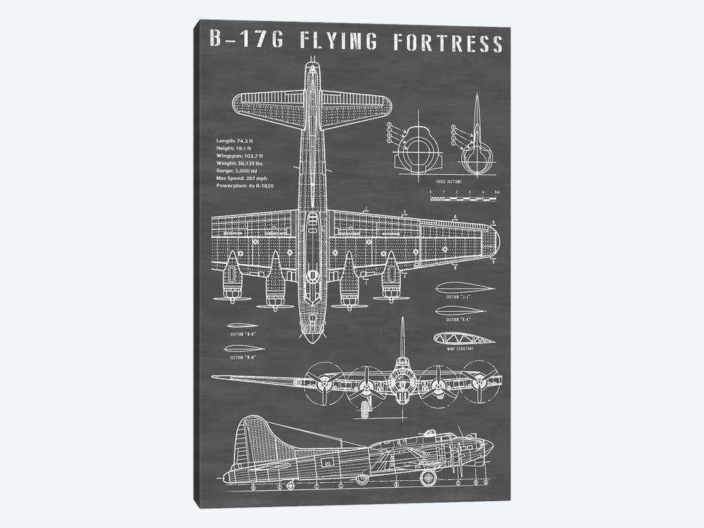 B-17 Vintage Bomber Airplane | Black by Action Blueprints 1-piece Art Print