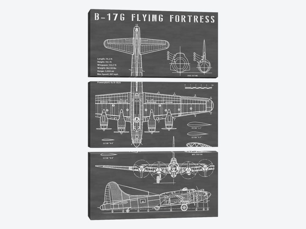 B-17 Vintage Bomber Airplane | Black by Action Blueprints 3-piece Canvas Print