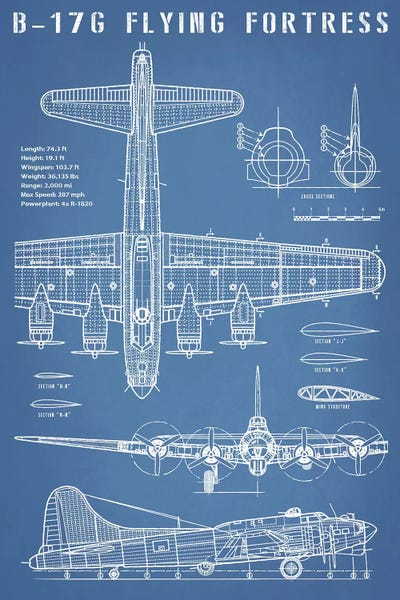 B-17 Vintage Bomber Airplane Blueprint Can... | Action Blueprints | ICanvas