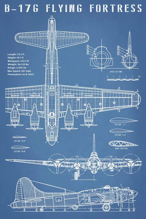 B-17 Vintage Bomber Airplane Blueprint by Action Blueprints wall art