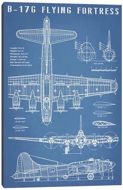B-17 Vintage Bomber Airplane Blueprint Canvas Art Print - Military Aircraft Art