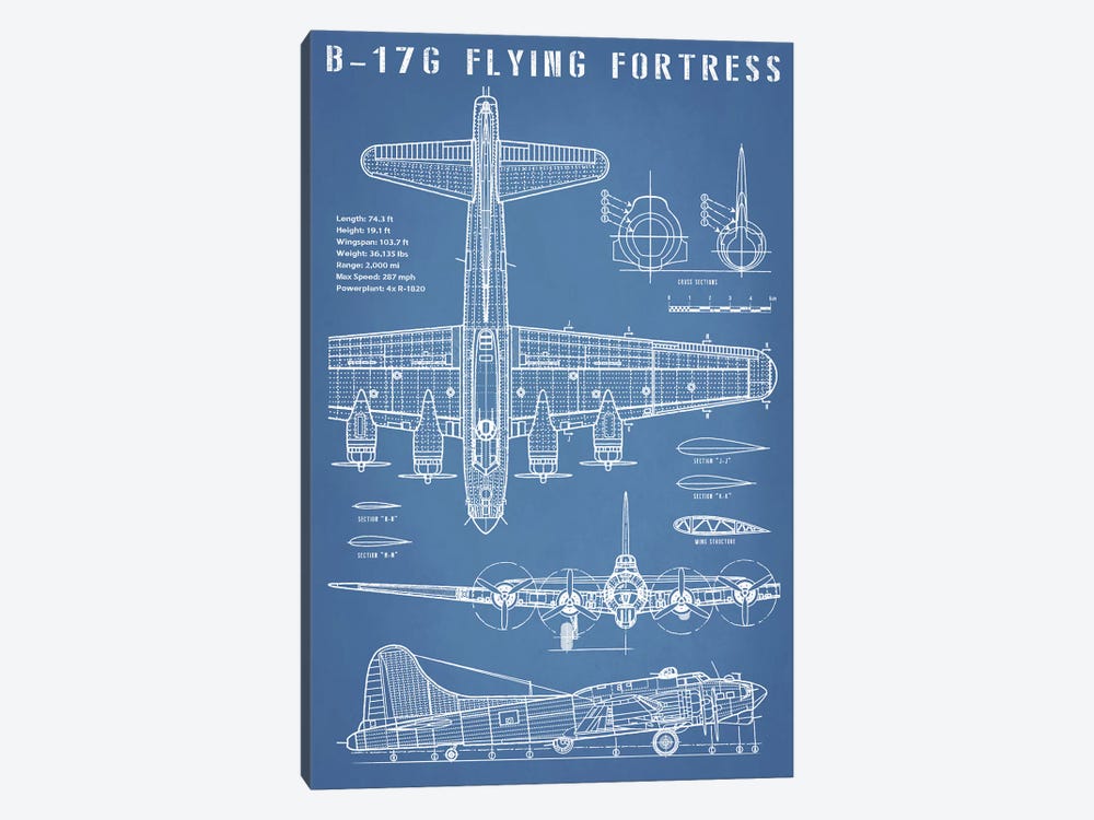 B-17 Vintage Bomber Airplane Blueprint by Action Blueprints 1-piece Canvas Wall Art