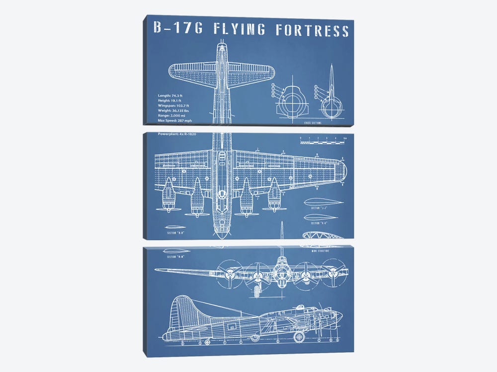 B-17 Vintage Bomber Airplane Blueprint 3-piece Canvas Art