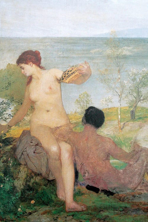 Arnold Böcklin: Girl And Young Man Picking Flowers In 1866 by Arnold Böcklin