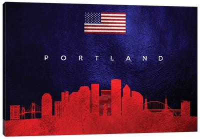 Portland Oregon Skyline Canvas Art Print - American Flag Art