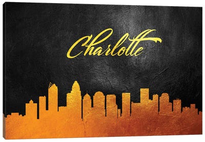Charlotte North Carolina Gold Skyline Canvas Art Print - Charlotte Skylines