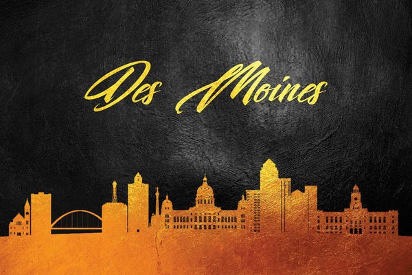 Iowa: Des Moines Iowa Gold Skyline by Adrian Baldovino