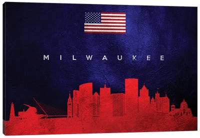 Milwaukee Wisconsin Skyline Canvas Art Print - American Flag Art