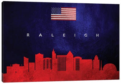 Raleigh North Carolina Skyline Canvas Art Print - American Flag Art