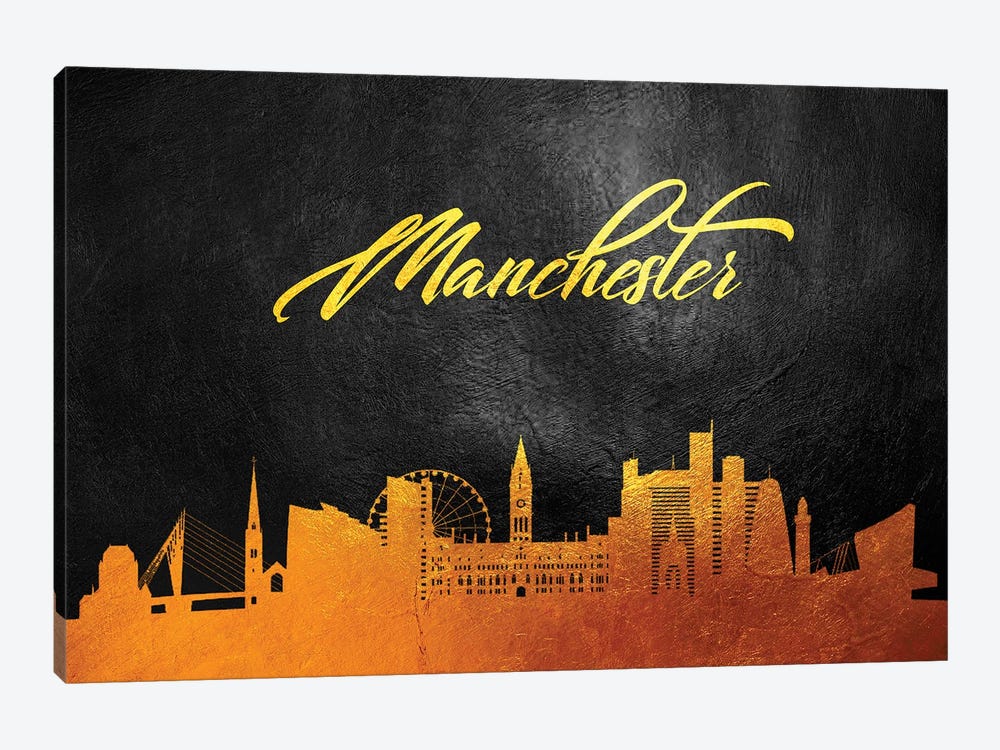 Manchester England Gold Skyline by Adrian Baldovino 1-piece Canvas Art Print
