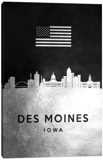 Des Moines Iowa Silver Skyline Canvas Art Print - Des Moines