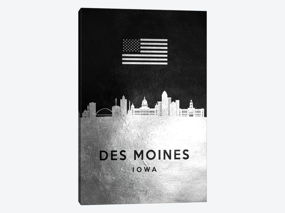 Des Moines Iowa Silver Skyline by Adrian Baldovino 1-piece Canvas Wall Art