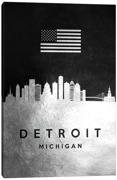 Detroit Michigan Silver Skyline Canvas Art Print - American Flag Art