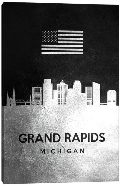 Grand Rapids Michigan Silver Skyline Canvas Art Print - Adrian Baldovino