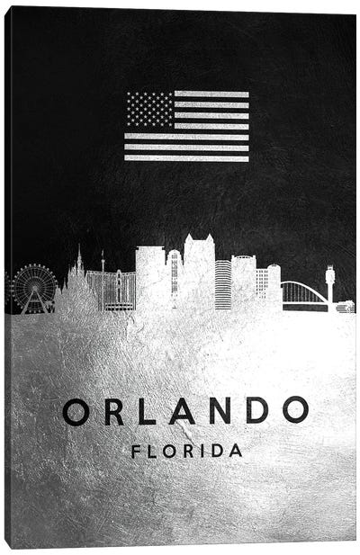 Orlando Florida Silver Skyline Canvas Art Print - American Flag Art