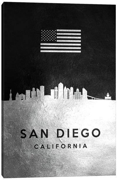 San Diego California Silver Skyline Canvas Art Print - Adrian Baldovino