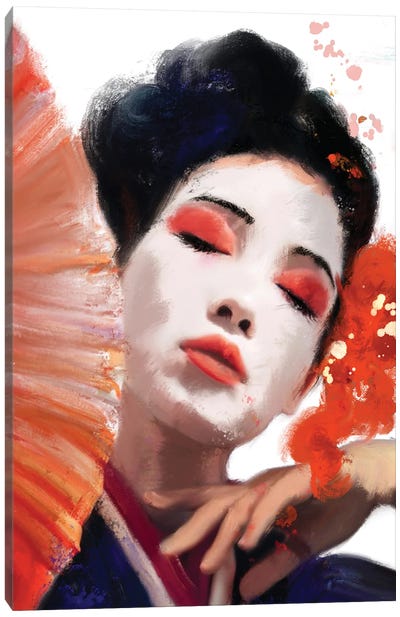 Red Fan Geisha Girl Canvas Art Print - Geisha