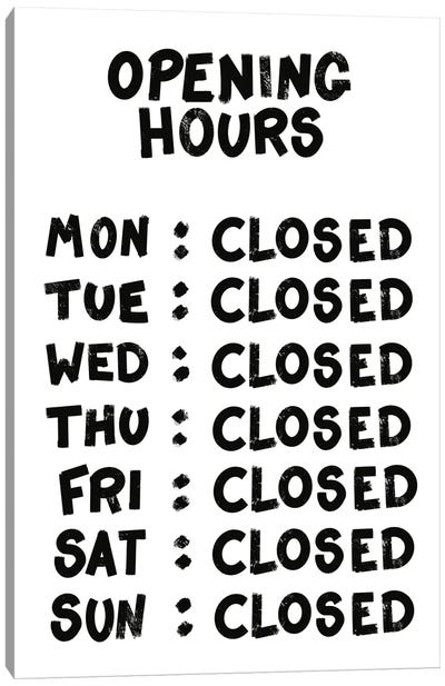 Opening Hours White Canvas Art Print - Andrew M Barlow