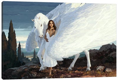 Girl And Pegasus Canvas Art Print - Dove & Pigeon Art