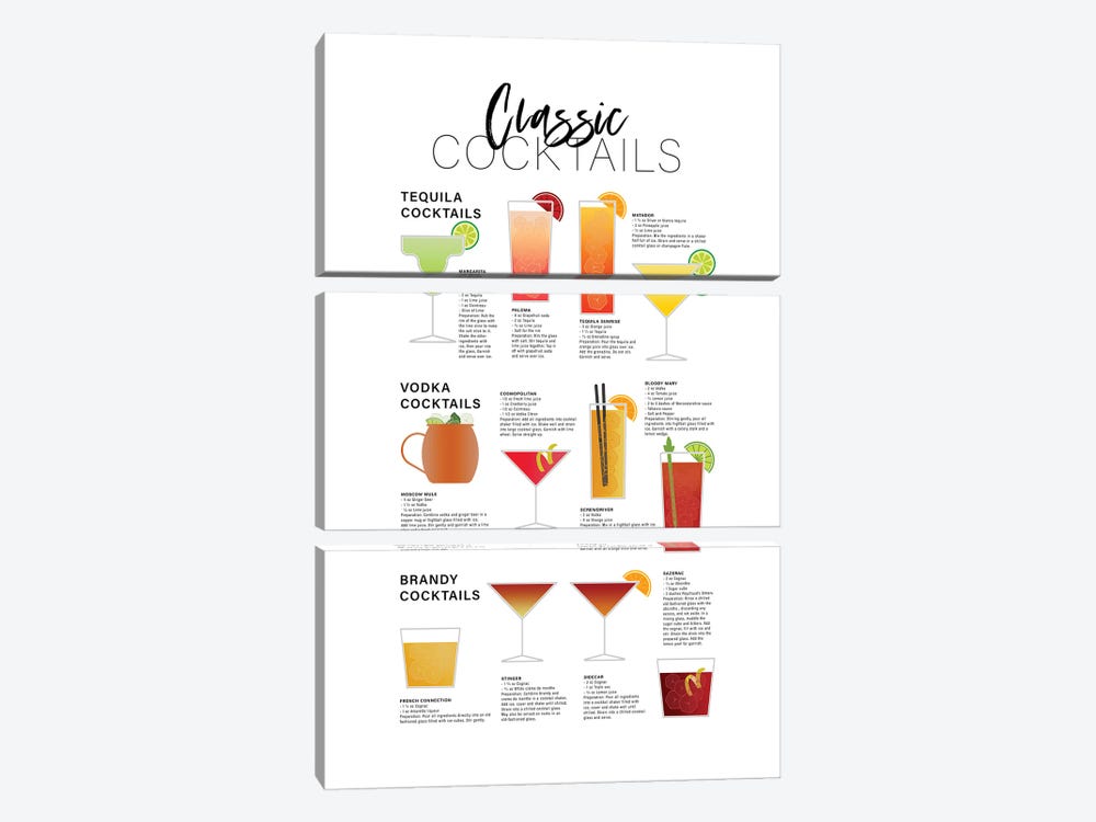 Classic Cocktails - Tequila Brandy Vodka by Alchera Design Posters 3-piece Canvas Wall Art