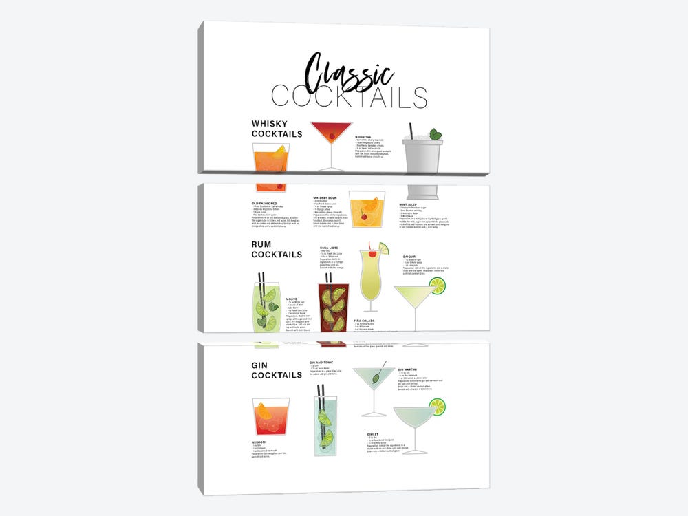 Classic Cocktails - Whiskey Rum Gin by Alchera Design Posters 3-piece Canvas Art Print