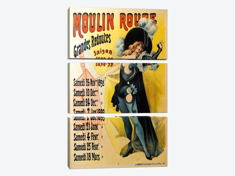 Moulin Rouge Grand Redoutes Advertisement, Saison 1898-1899 by Alfred Choubrac 3-piece Canvas Print
