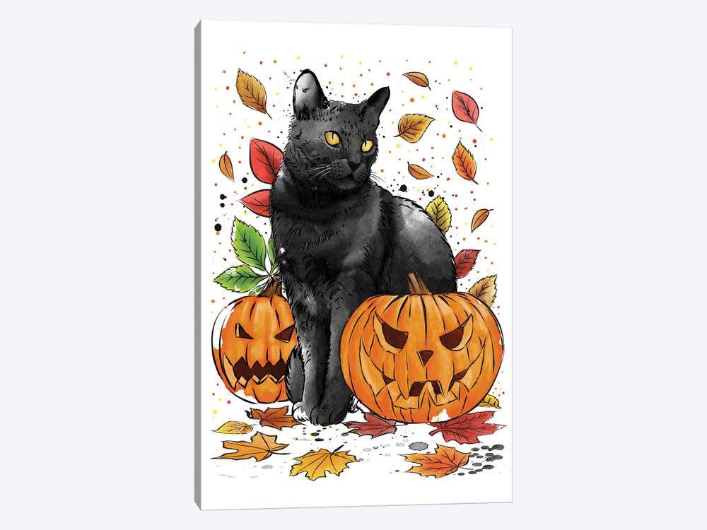 Cat Leaves And Pumpkins by Antonio Camarena 1-piece Canvas Wall Art