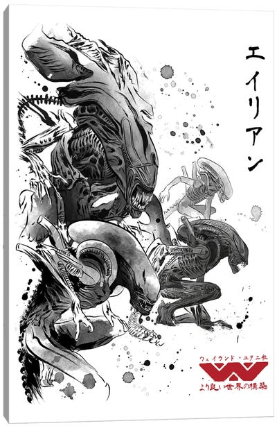 Xenomoph Invasion Sumi-E Canvas Art Print - Horror Movie Art