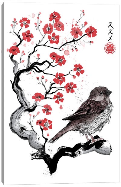 Little Sparrow Sumi-E Canvas Art Print - Sparrow Art