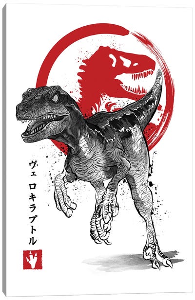 Velociraptor Sumi E Canvas Art Print - Black, White & Red Art