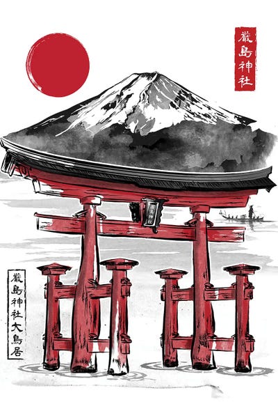 Japanese Culture: Torii Of Itsukushima Shrine Sumi E by Antonio Camarena