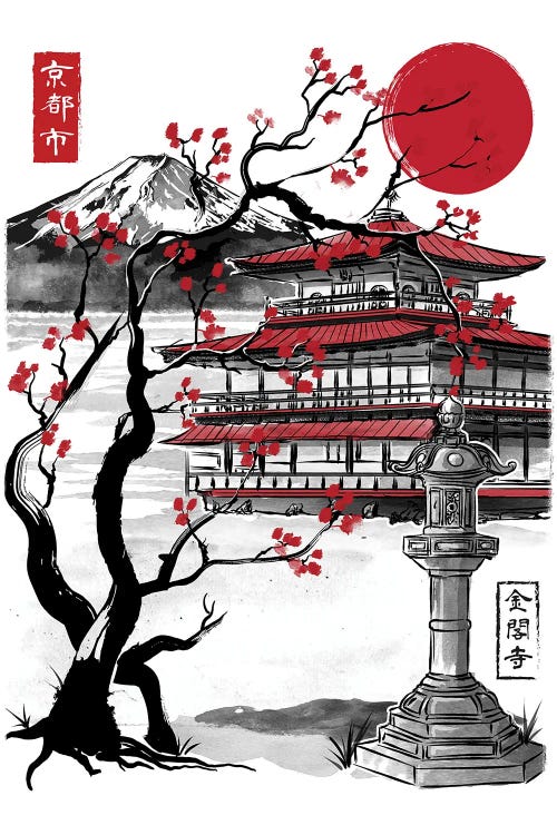 Temple Of The Golden Pavilion Sumi E by Antonio Camarena wall art