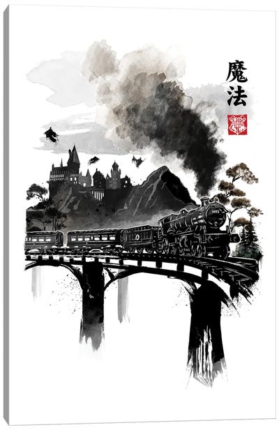 Train To School Of Magic Sumi-E Canvas Art Print - Black & White Pop Culture Art