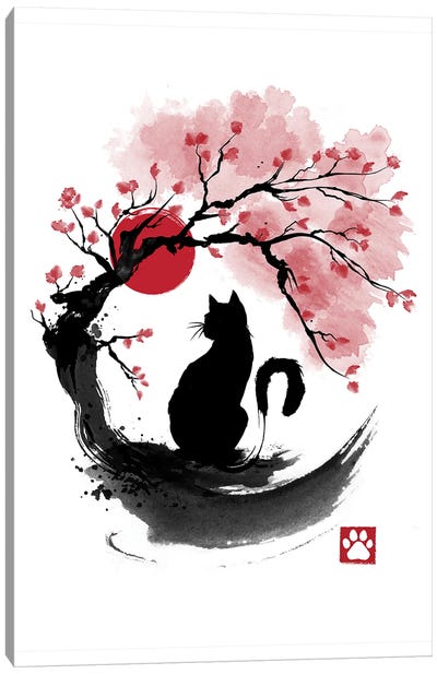 Sakura Cat Sumi E Canvas Art Print - Black, White & Red Art