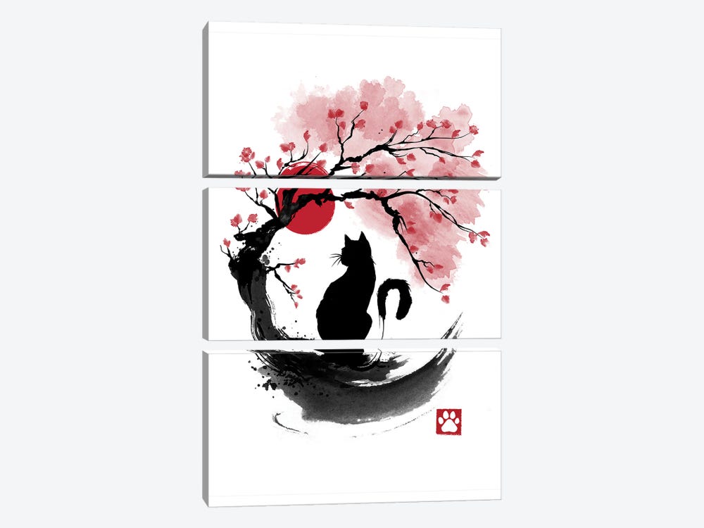Sakura Cat Sumi E by Antonio Camarena 3-piece Canvas Art Print
